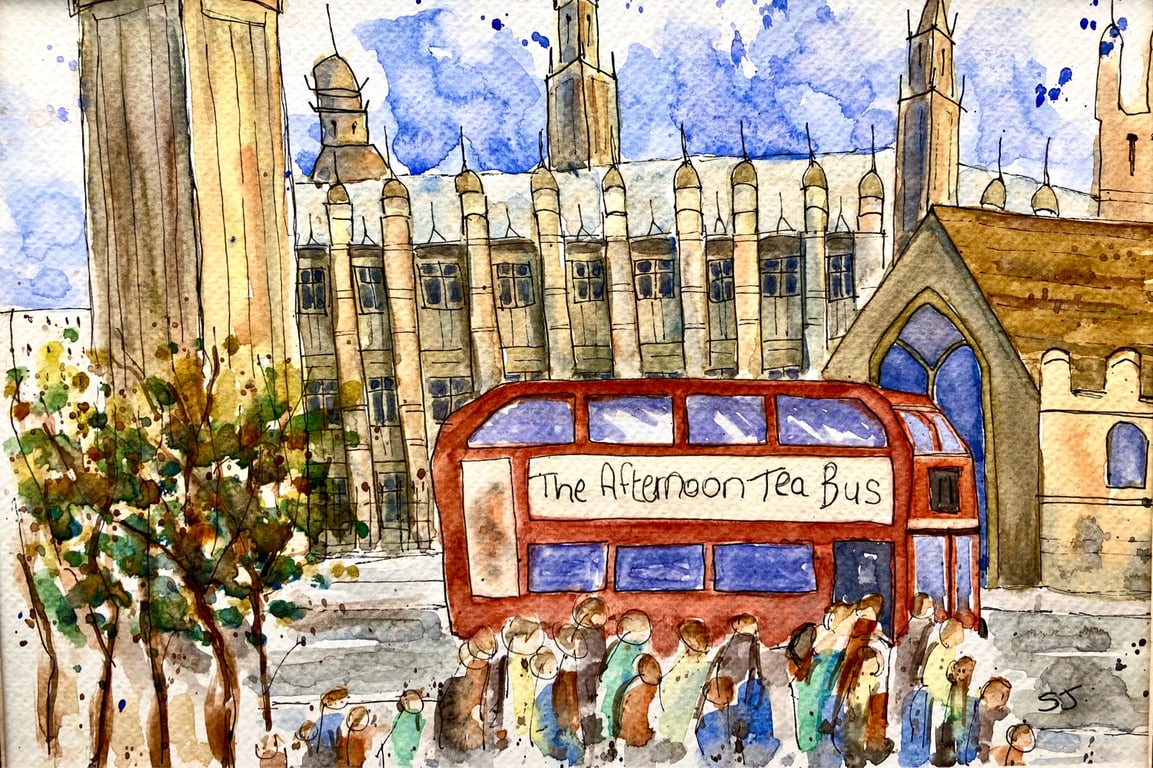 Westminster with the Afternoon Tea Bus London Watercolour painting