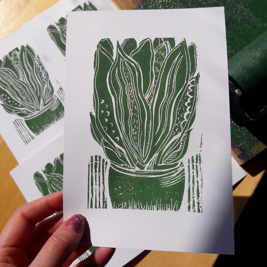 Sanseveria Plant Linocut Print. 5x7 Original Art.