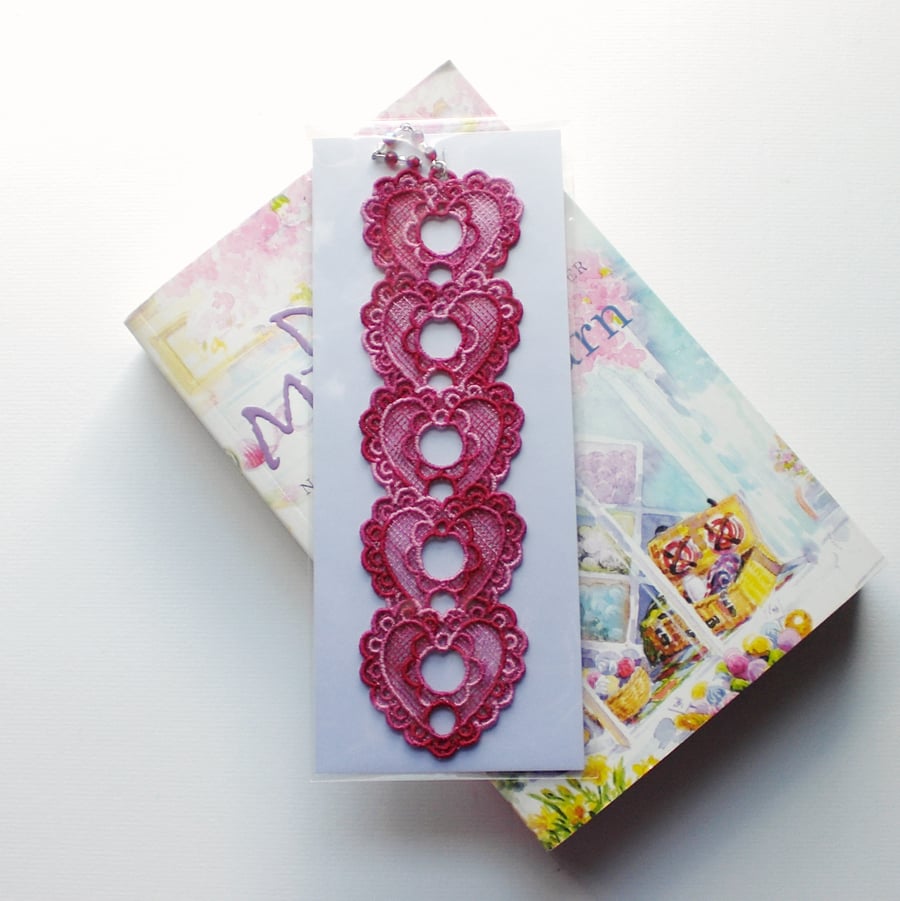 Bookmark, embroidered hearts. Reduced.