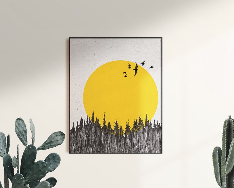 Sun Silhouette, with Birds and Forest Print