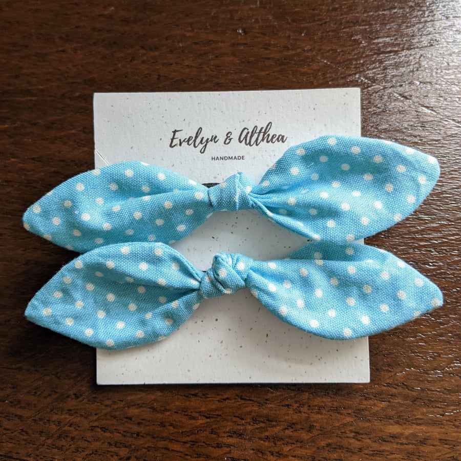 Light Blue Polka Dot Hair Bows - Set of Two Hair Ties - Kids Hair Bows 