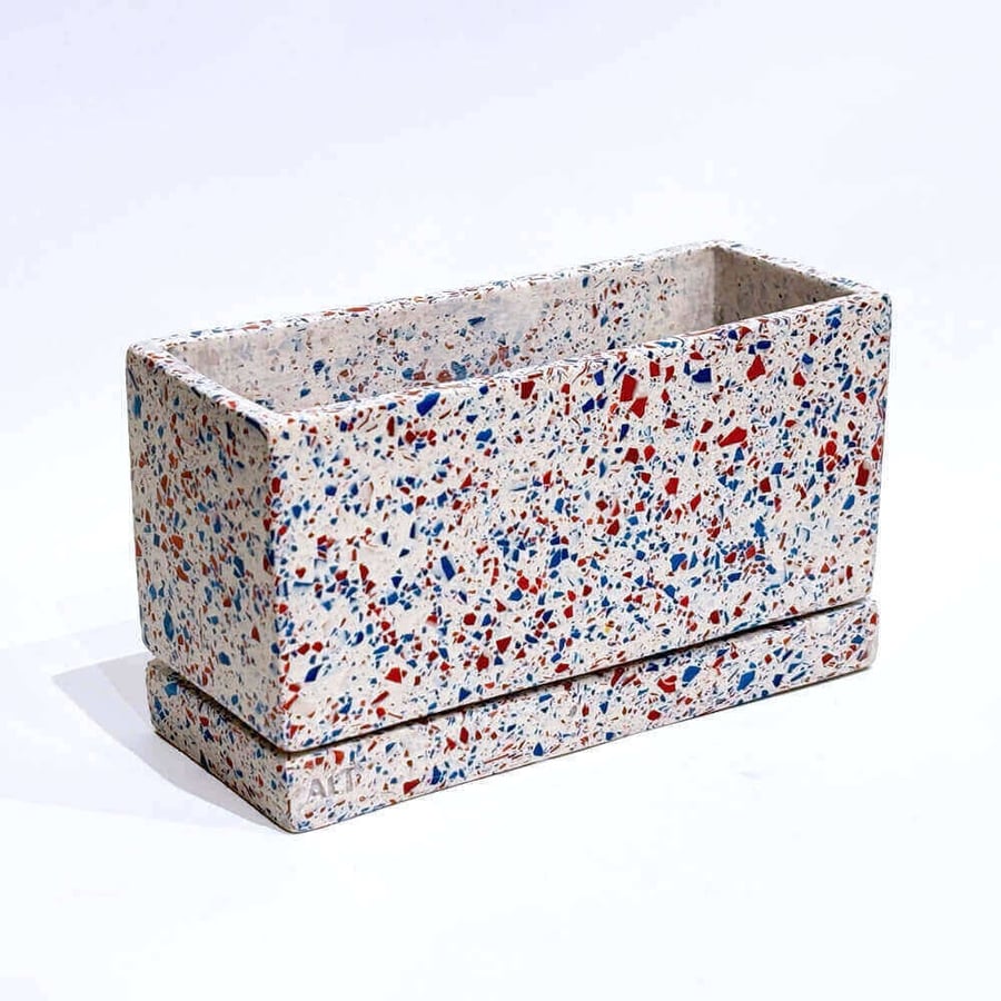 Terrazzo Rectangular Blue & Red Jesmonite Terrazzo Plant Pot, Indoor Gift