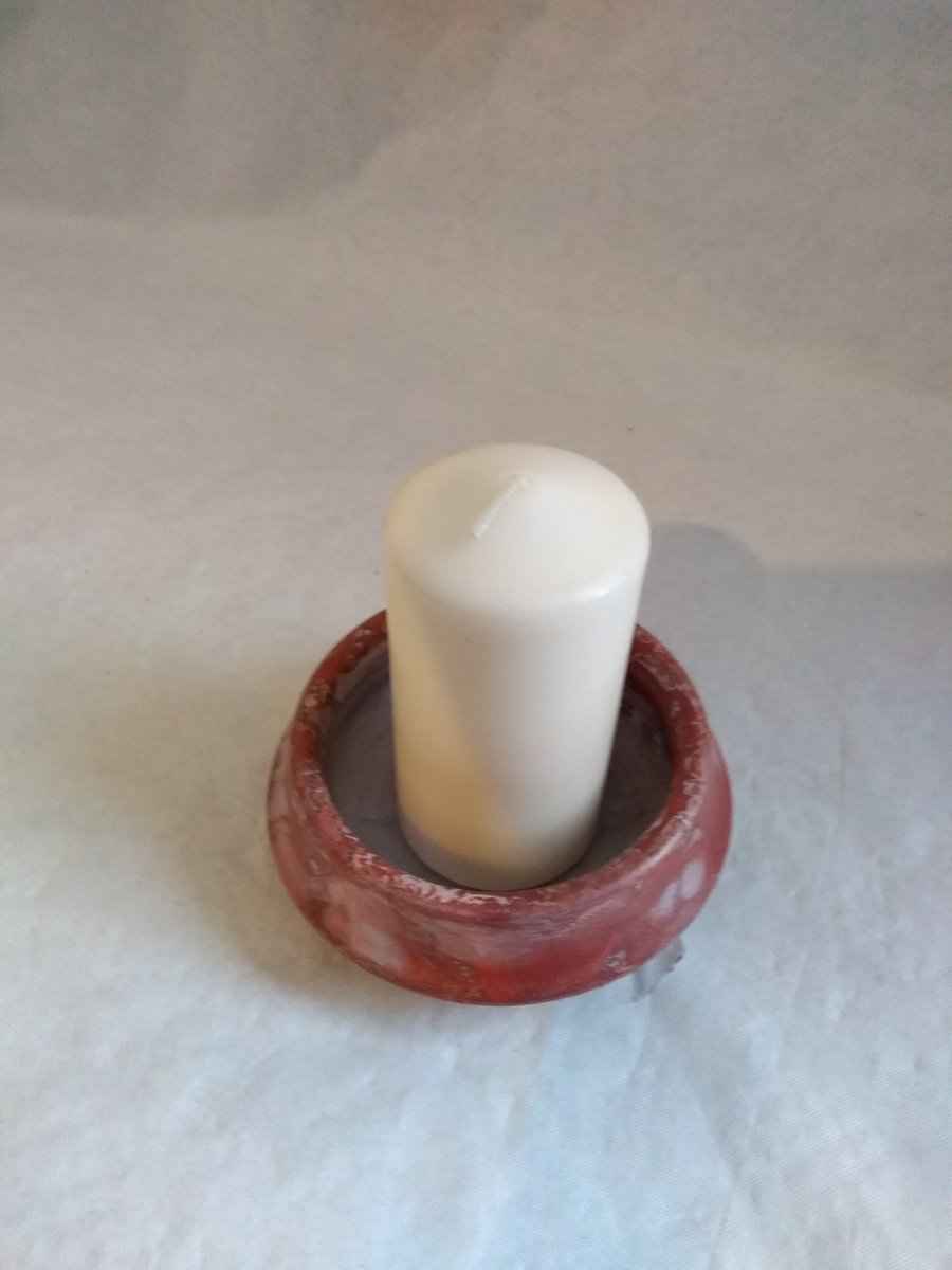POTTERY  CERAMIC CANDLE HOLDER  9 cms DIAMETER WITH CANDLE