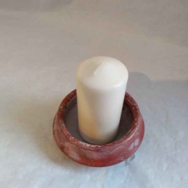 POTTERY  CERAMIC CANDLE HOLDER  9 cms DIAMETER WITH CANDLE