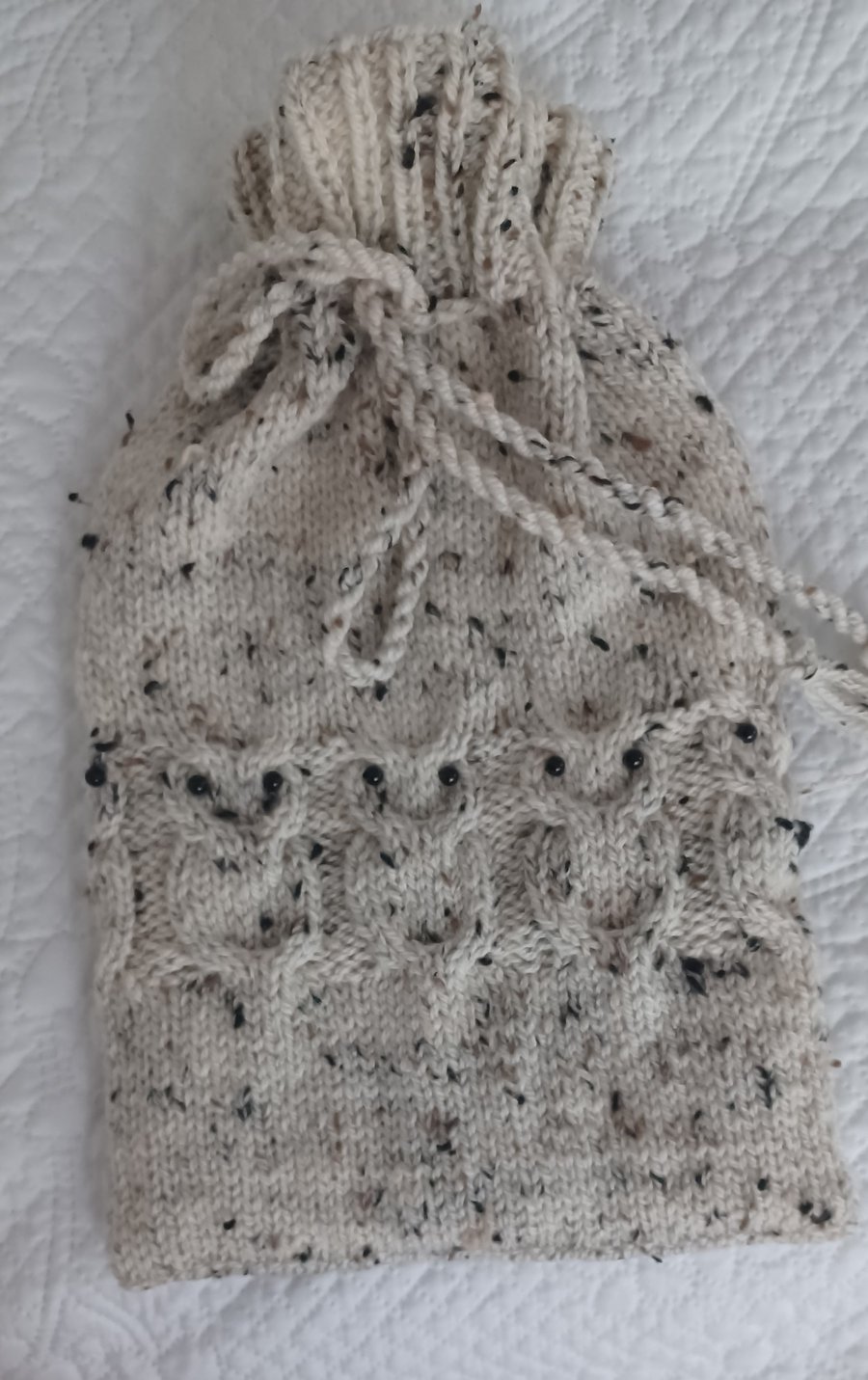 Hot Water Bottle Cover Only Knitted In Cream Tweed Aran With Owl Pattern (R861A)