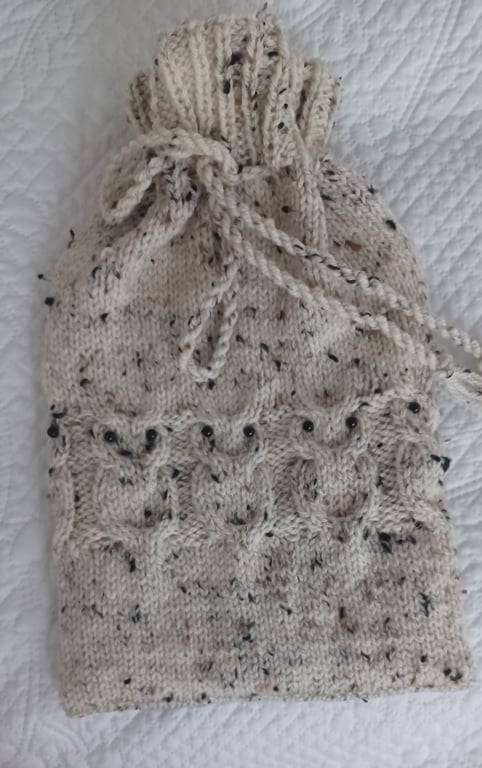 Hot Water Bottle Cover Only Knitted In Cream Tweed Aran With Owl Pattern (R861A)