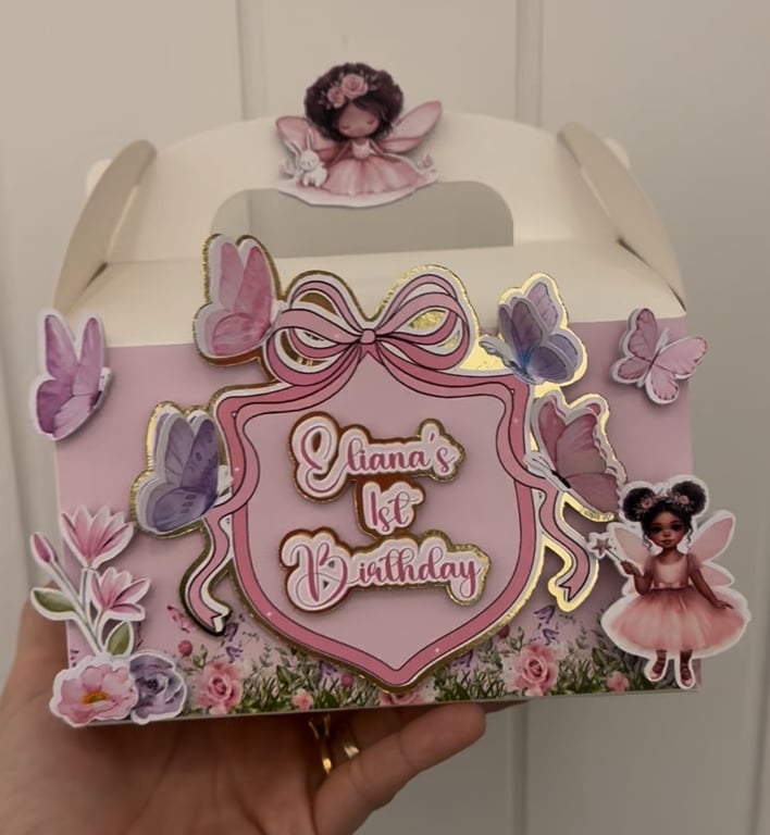 6 Personalised Faires and Butterflies party boxes, party bags