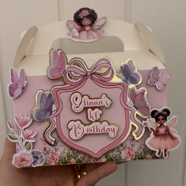 6 Personalised Faires and Butterflies party boxes, party bags