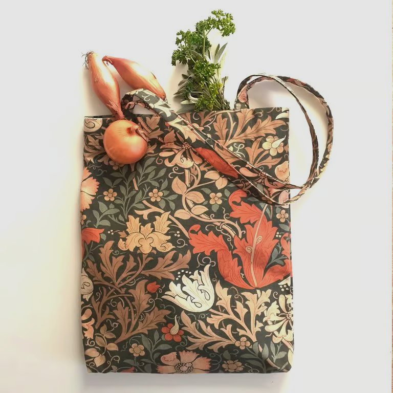 Fold up tote bag book bag and pocket in vintage print Compton by William Morris 