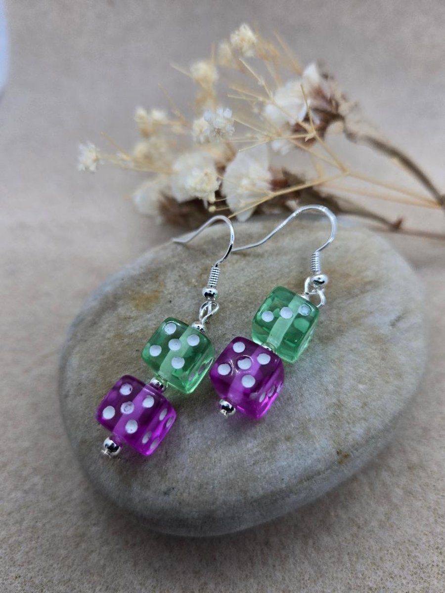 Handmade silver plated hypoallergenic earrings with cute acrylic dice beads 