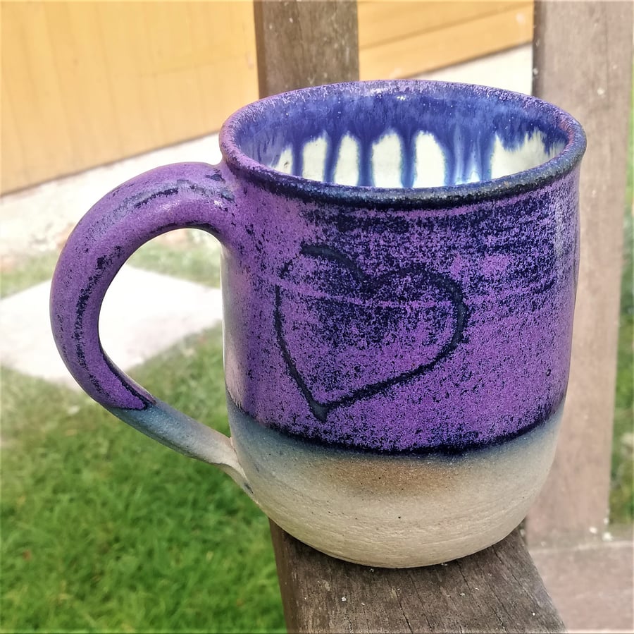 Purple glazed heart scrafitto mugs