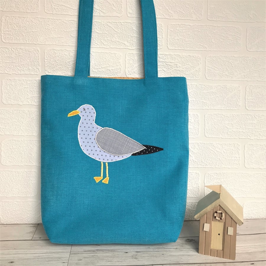 Seagull tote bag in turquoise with applique Seagull