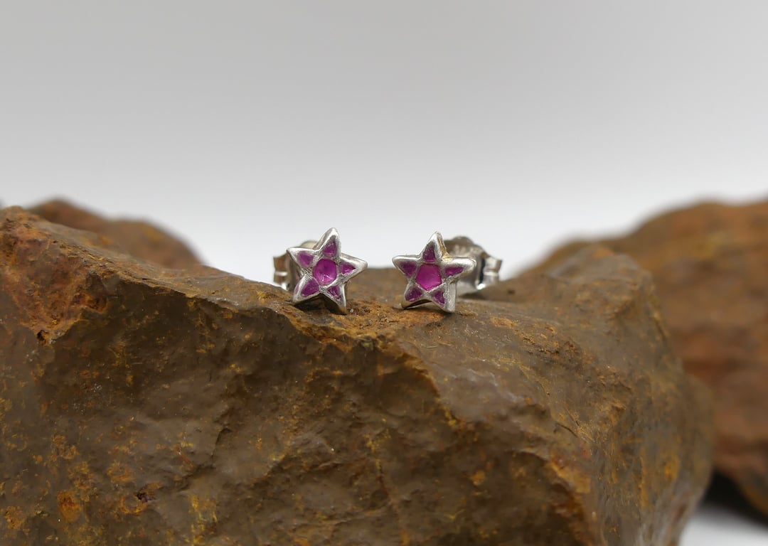 Recycled Sterling Silver Pentagram Stud Earrings with a Pink Patina.