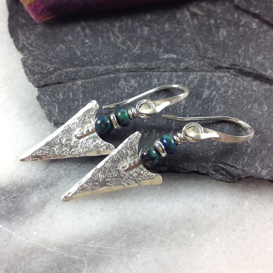 Silver and chrysocolla arrowhead earrings