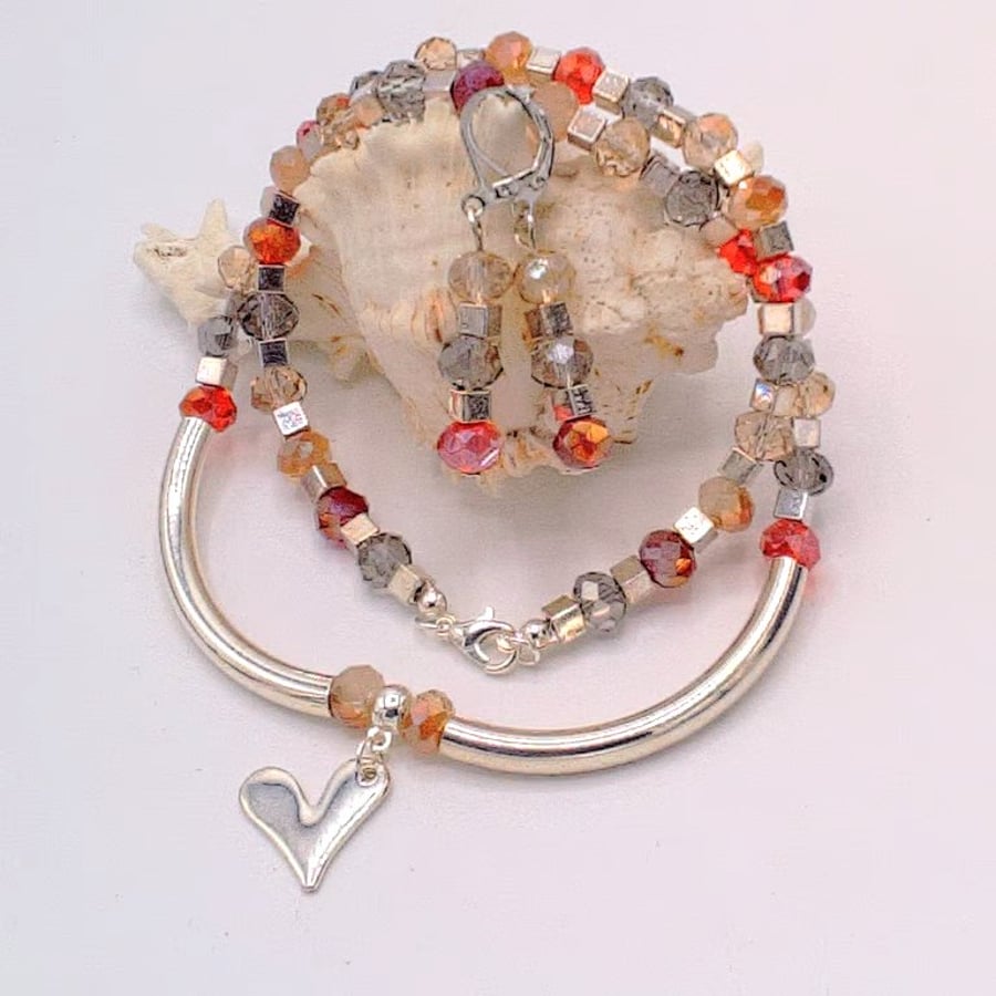 Multi Coloured Crystals & Silver Cube Beads with Silver Tubes and Heart Centre