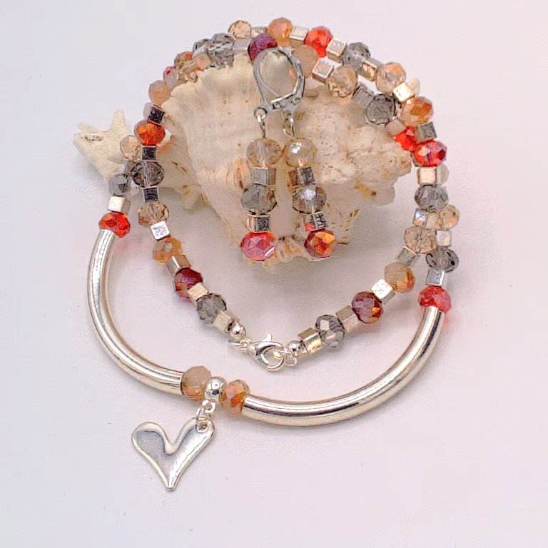 Multi Coloured Crystals & Silver Cube Beads with Silver Tubes and Heart Centre