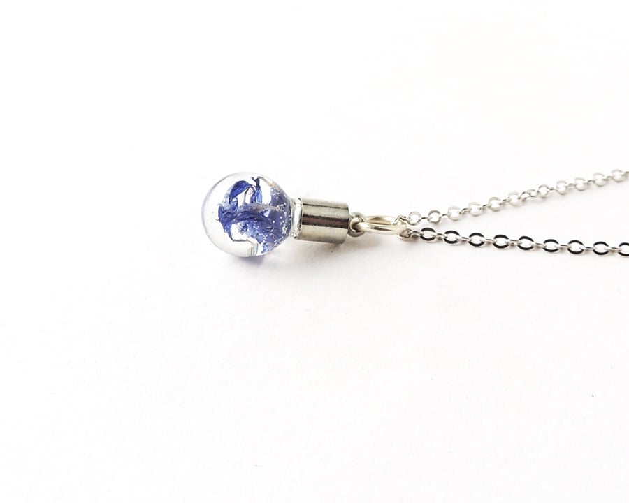 Little Blue Cornflower Globe Necklace, 18" Chain   F011