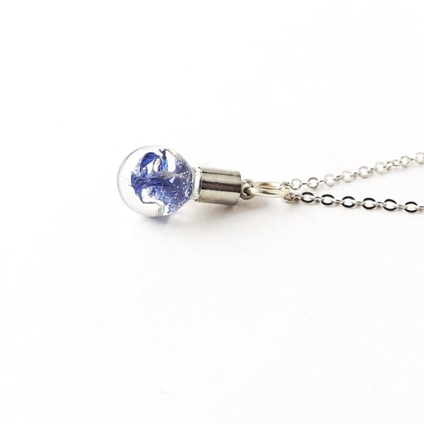 Little Blue Cornflower Globe Necklace, 18" Chain  (SALE)  F011