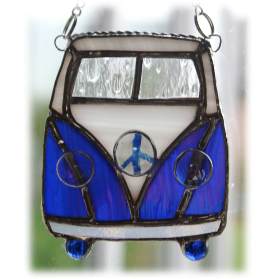 SOLD Campervan Suncatcher Stained Glass Blue Camping Holiday 024