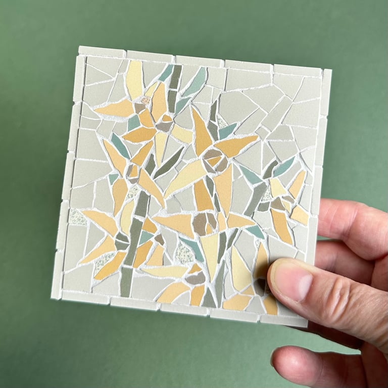 Original Floral Art - Yellow Forsythia Mosaic Wall Plaque in Grey