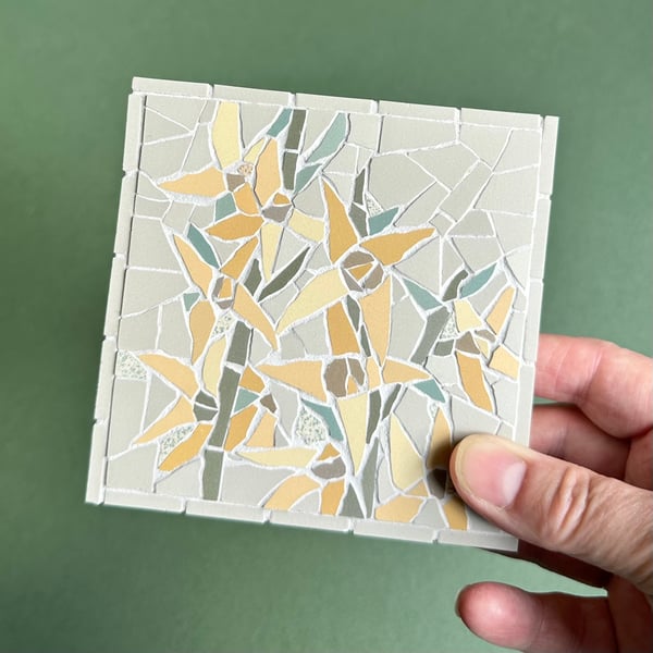 Original Floral Art - Yellow Forsythia Mosaic Wall Plaque in Grey