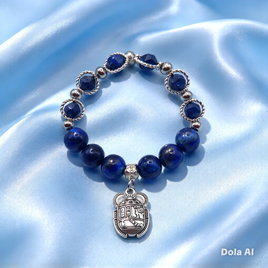 Lapis Lazuli Stretch Bracelet with Egyptian Scarab Charm. Free UK Postage.
