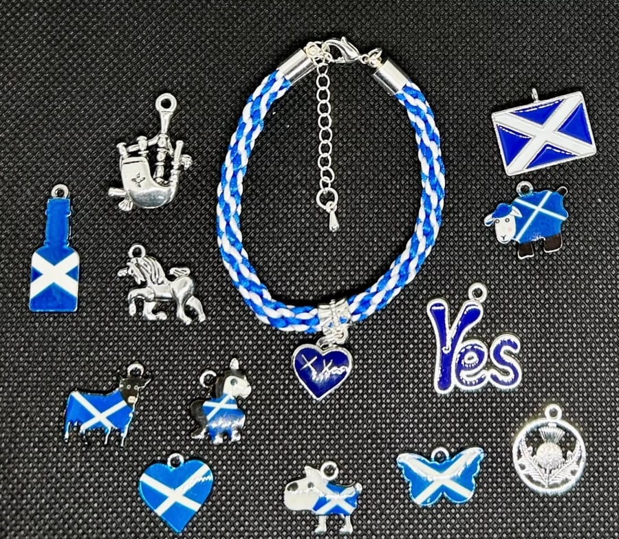 Scotland theme Dangle Charm on Blue & White Kumihimo Braclet. Various size,charm