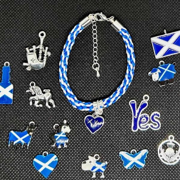 Scotland theme Dangle Charm on Blue & White Kumihimo Braclet. Various size,charm