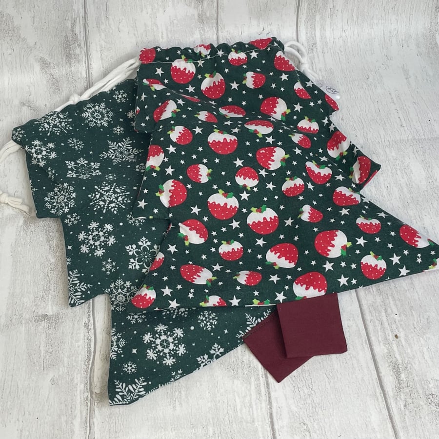 Set of two Christmas tree drawstring, reusable gift bags. Greens
