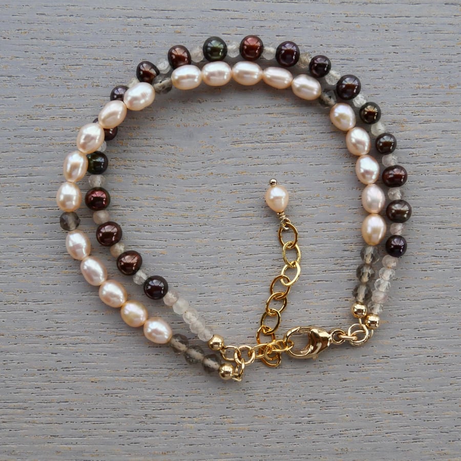 Double Strand Bracelet - Peach and Brown Pearls with Quartz - Adjustable Clasp