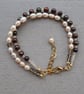 Double Strand Bracelet - Peach and Brown Pearls with Quartz - Adjustable Clasp - Image 1