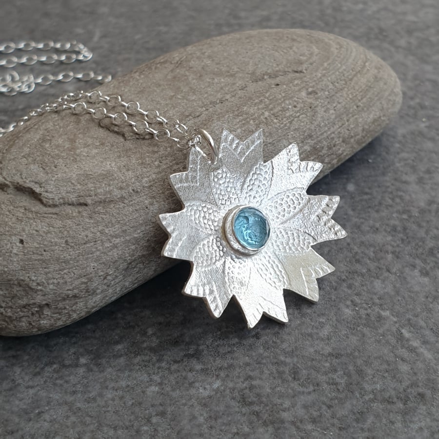 Silver mandala pendant, Blue topaz jewellery, November birthstone