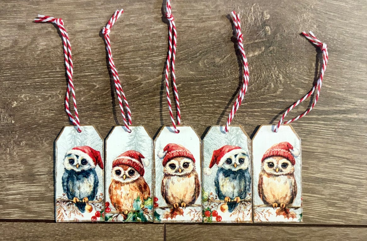 5 Wooden Christmas Gift Tags - Owls