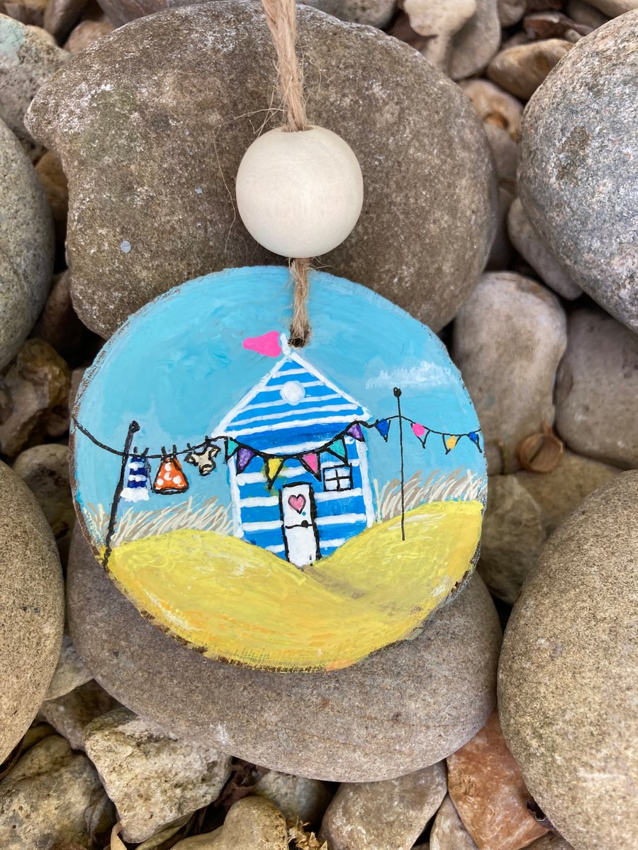 Beach Hut Painting On A Wood Slice Hanging Decoration Seaside Art  
