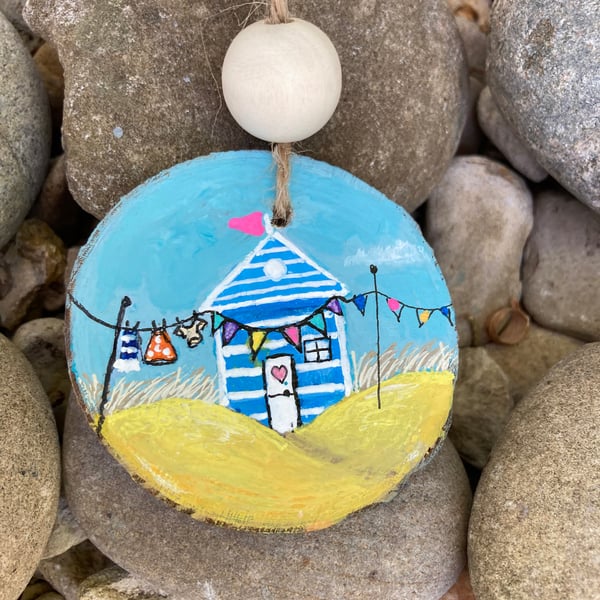 Beach Hut Wood Slice Hand Painted Hanging Decoration