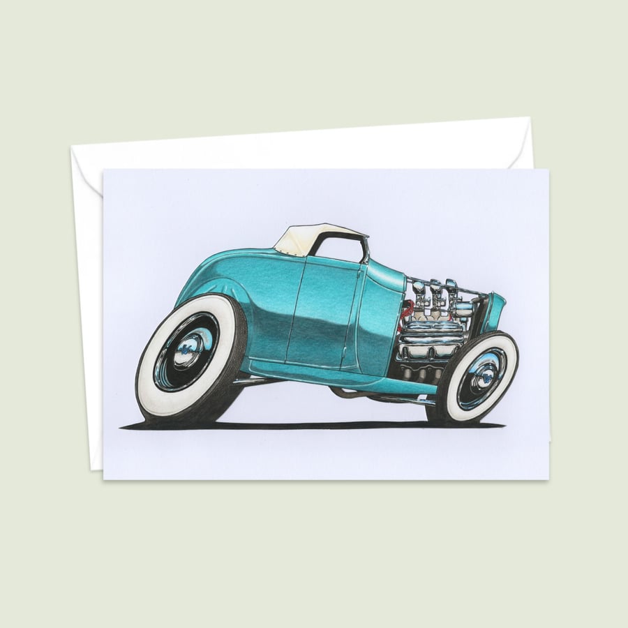 American Hot Rod Greeting Card: Hand Drawn Classic Car Illustration (408)