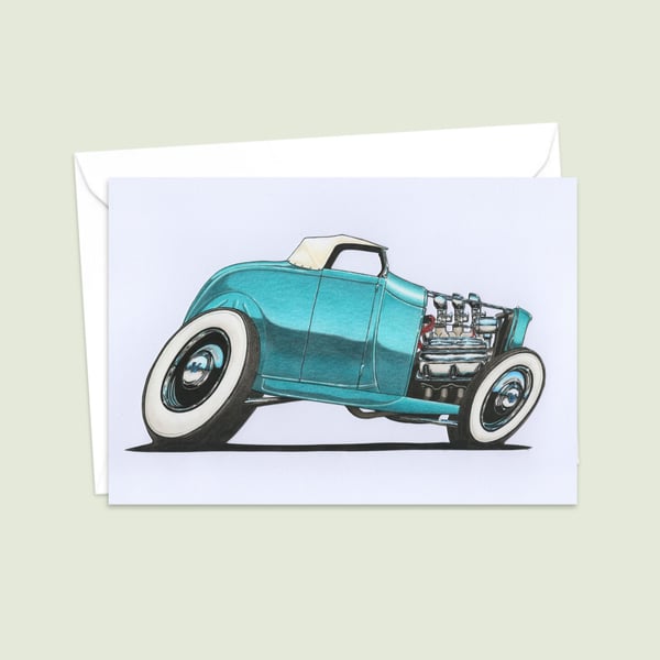 American Hot Rod Greeting Card: Hand Drawn Classic Car Illustration (408)