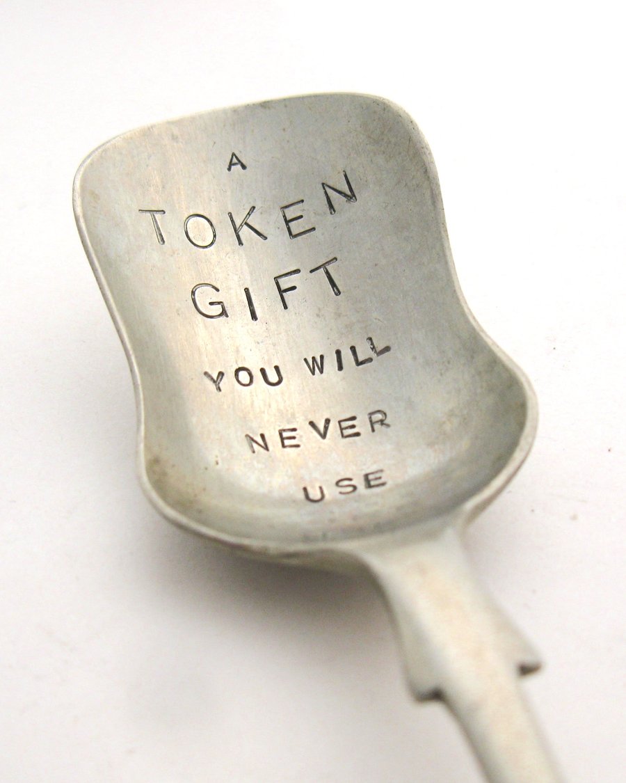 Token gift, vintage caddy spoon, hand stamped, joke present