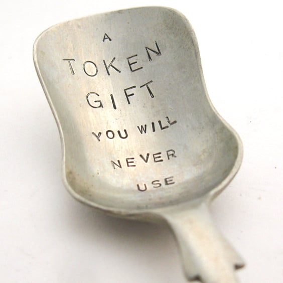 Token gift, vintage caddy spoon, hand stamped, joke present
