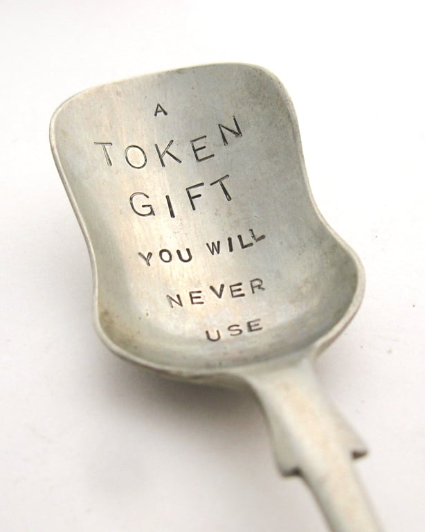 Token gift, vintage caddy spoon, hand stamped, joke present