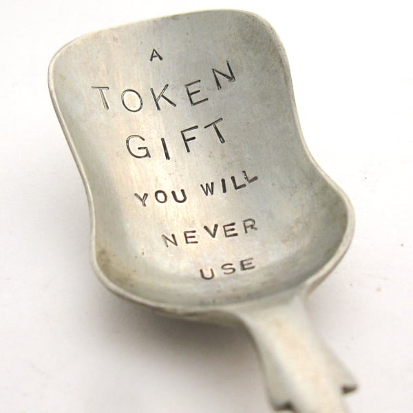 Token gift, vintage caddy spoon, hand stamped, joke present