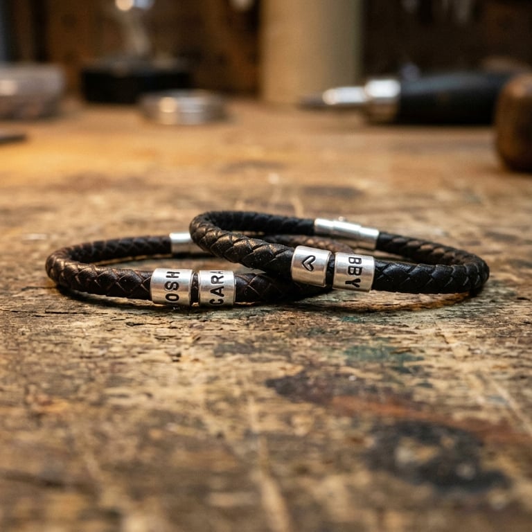 Personalised Leather Bracelet with Two Hand Stamped Sterling Silver Rings