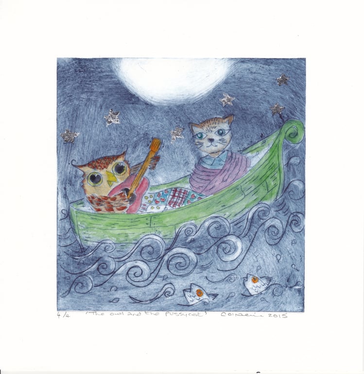 Owl and the Pussycat - Drypoint etching with watercolour