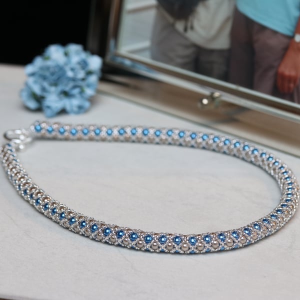 Blue, Cream and Silver Netted Necklace