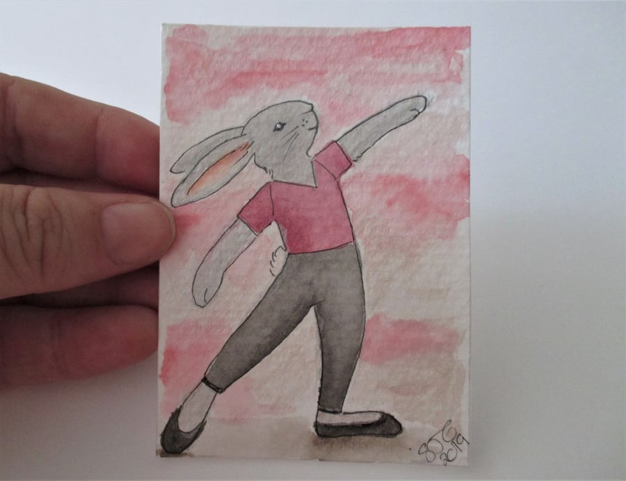 ACEO Bunny Rabbit Ballerina Ballet Dancing Bunny Rabbit Original Painting 017
