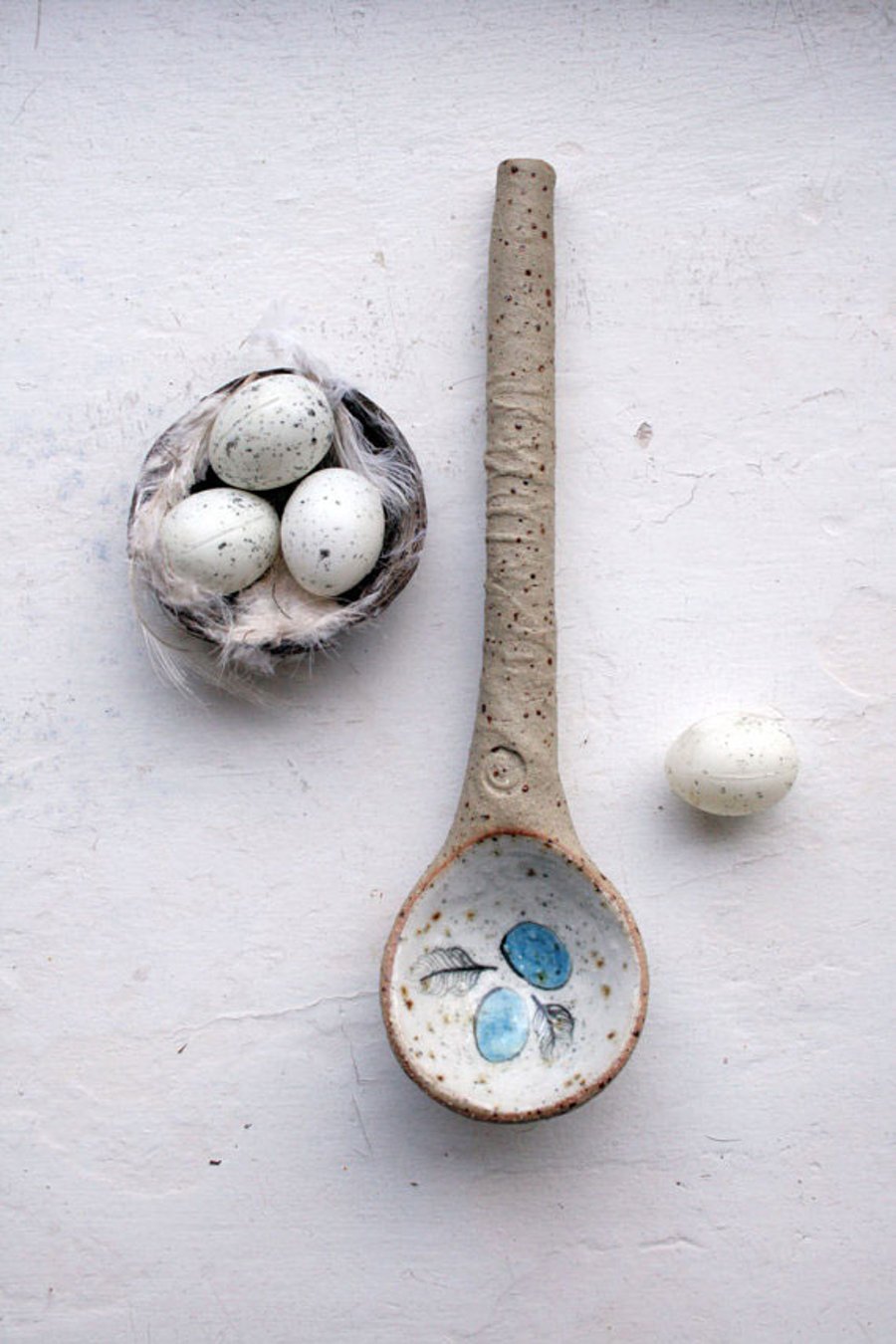 Rustic woodland ceramic spoon sculpture-bird nest with blue eggs
