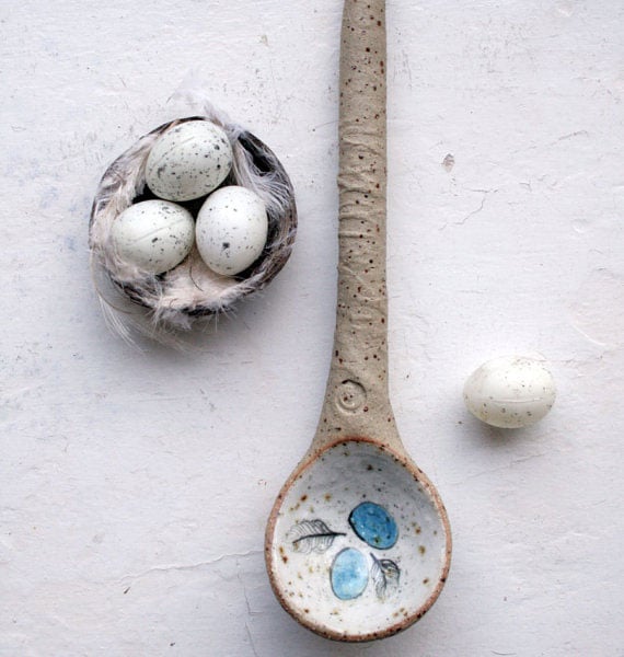 Rustic woodland ceramic spoon sculpture-bird nest with blue eggs