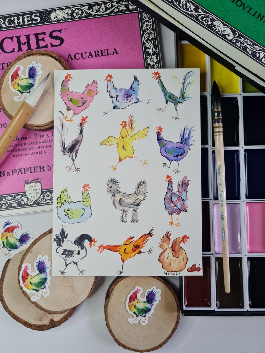 Original hand painted mini watercolour funny chicken art no.11