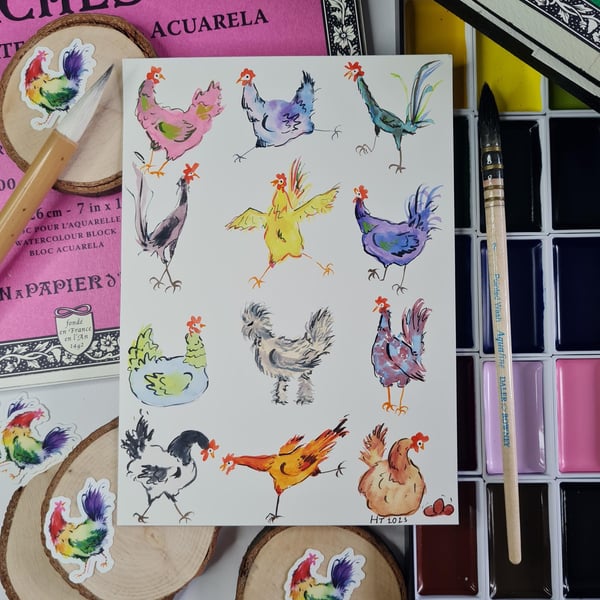 Original hand painted mini watercolour funny chicken art no.11