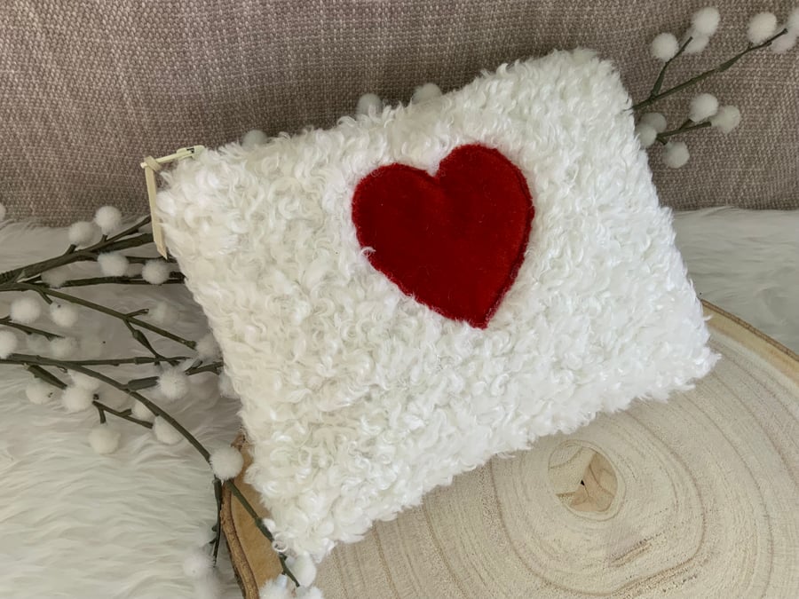 Boucle Teddy Fluffy Zipped Purse, Heart Applique, Cosmetic Bag, Accessory Purse